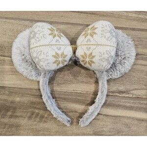 Disney Christmas Winter Fuzzy Silver Gold snowflake Minnie Ears Headband